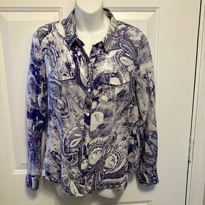 Ecru Brand Silk Blend Blouse Purple White Sz Medium Classic Luxury Women's Shirt